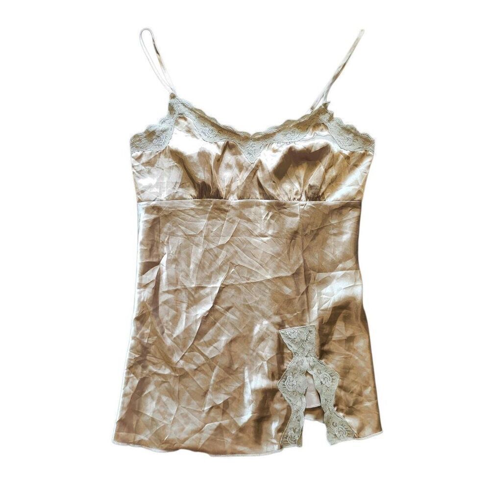 Vintage Y2K Self Esteem Top Women's Large Gold Satin Lace Trim Cami Babydoll